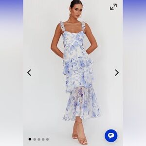 Veda Strappy Tie Back Ruffle Maxi Dress Blue Floral Size M